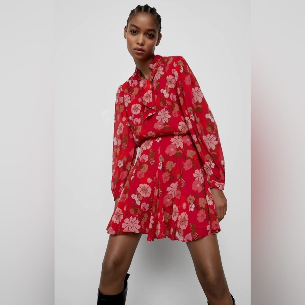 Zara Floral Red Long Sleeve Dress